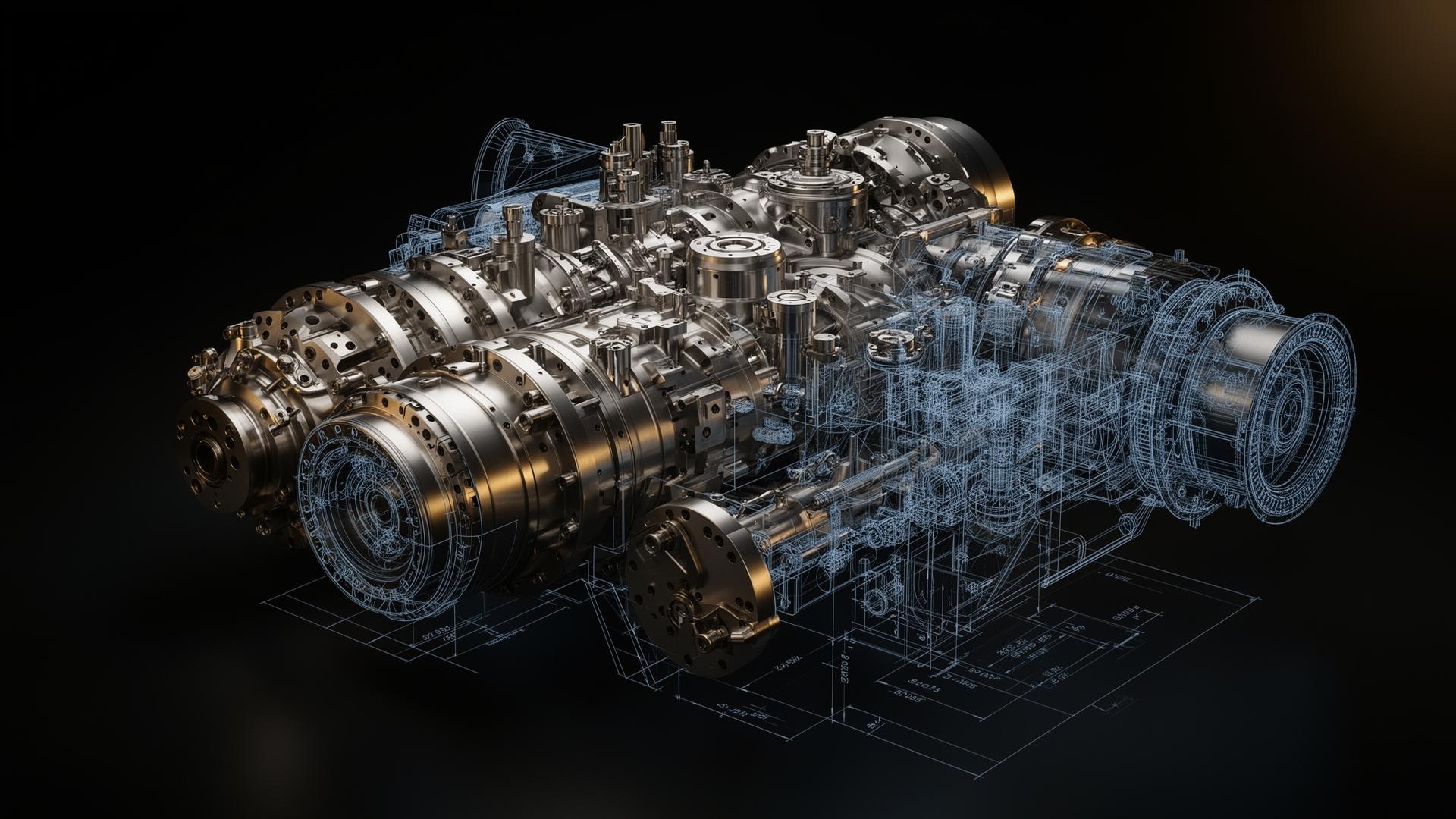 CAD render of a complex mechanical assembly with blueprint overlay